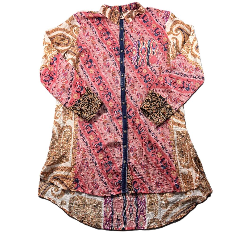 Soft Surroundings Brynn Boho Paisley Print Velvet Silk Trim Tunic Top Large H261